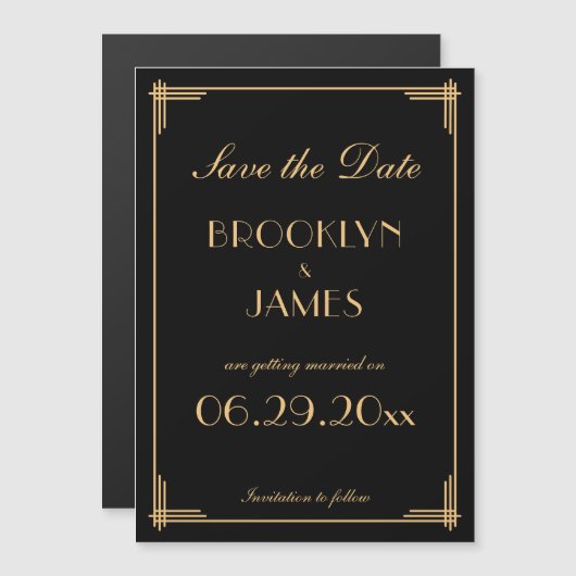 Art Deco Gatsby Black Bewaar de datum Magnetische Uitnodiging (Voorkant / Achterkant)