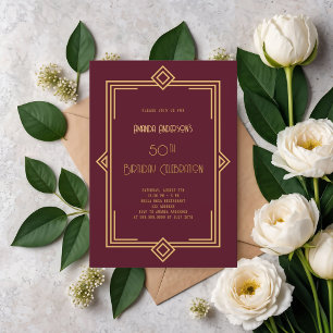 Art Deco Gatsby bordeauxrood gouden verjaardag Kaart