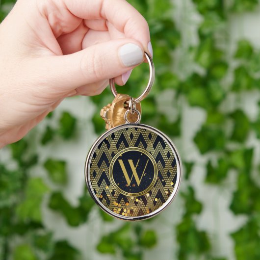 Art Deco Gatsby Glamor Geometric Pattern Monogram Sleutelhanger (Hand)