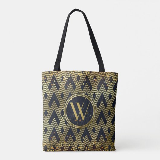 Art Deco Gatsby Glamor Geometric Pattern Monogram Tote Bag (Achterkant)