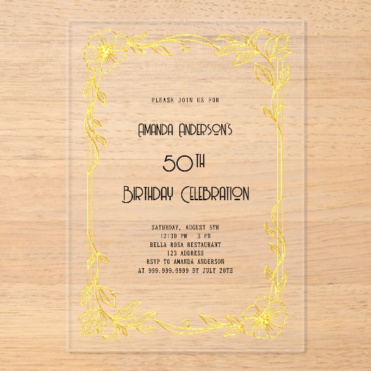Art Deco Gatsby gouden verjaardag duidelijk Acryl Uitnodigingen (Voorkant)
