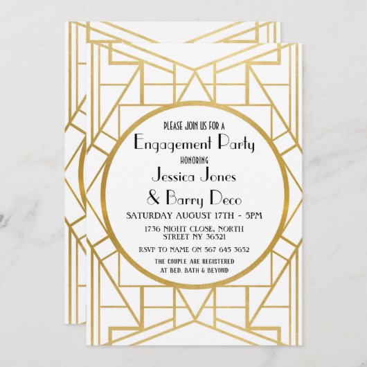 Art Deco Gatsby gouden verlovingsuitnodiging uit d Kaart (Voorkant / Achterkant)