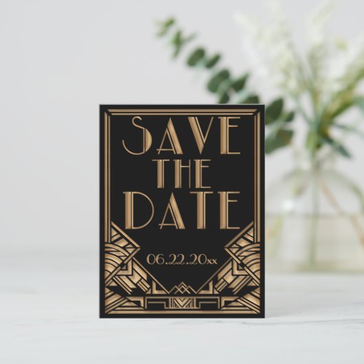 Art Deco Gatsby stijl trouwkaart Save the Date (Staand voorkant)