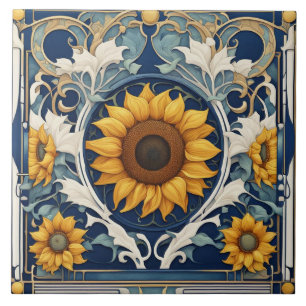 Art Deco Gele Zonnebloemen Art Nouveau Blauw Tegeltje