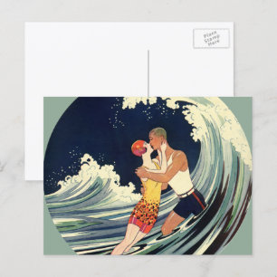 Art Deco, Geliefden kussen op het strand Briefkaart