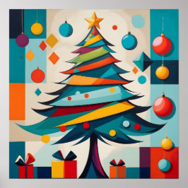 Art Deco Geometric Joyful Christmas Tree with Gift Poster