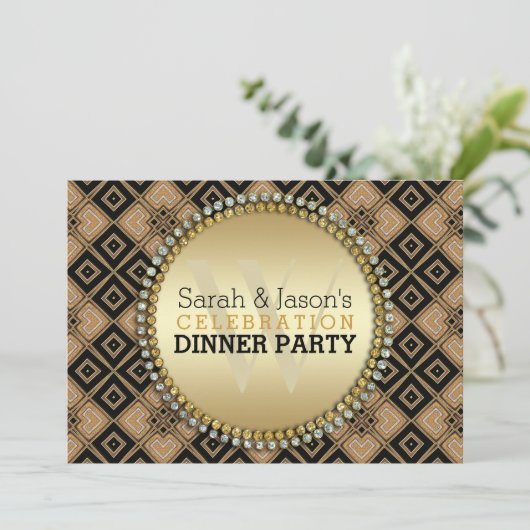Art Deco Geometric Pattern Black Gold Dinner Party Kaart (Staand voorkant)