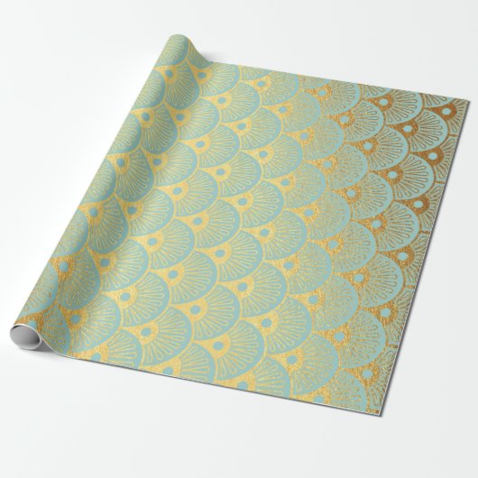 Art Deco Geometric Sea Shells Golden Mint Green Cadeaupapier (Uitgerold)