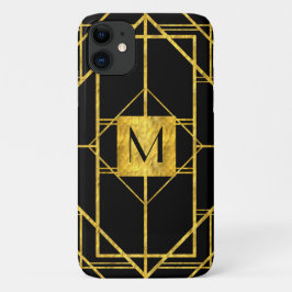 Art Deco Geometrisch Blad Zwart met Monogram iPhone 11 Hoesje