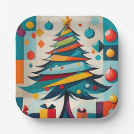 Art Deco Geometrische Joyful Kerstboom met Gift Papieren Bordje