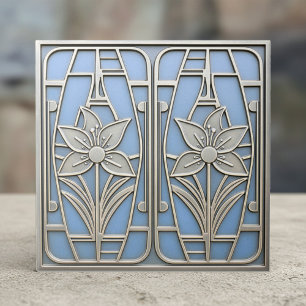 Art Deco gestileerde lelie bloemmotief #10 blauw I Tegeltje