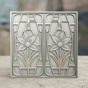 Art Deco gestileerde lelie bloemmotief #10 zilver Tegeltje