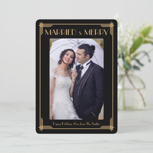 Art Deco Getrouwd en Prettig Kerstfeest Kaart (Staand voorkant)