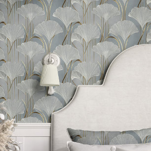 Art Deco Ginkgo-bladeren op Blauwe Achtergrond Behang