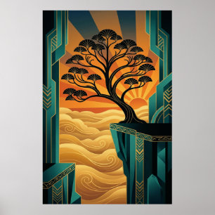 Art Deco Ginkgo Boom Ocean Cliff Goud Teal Poster