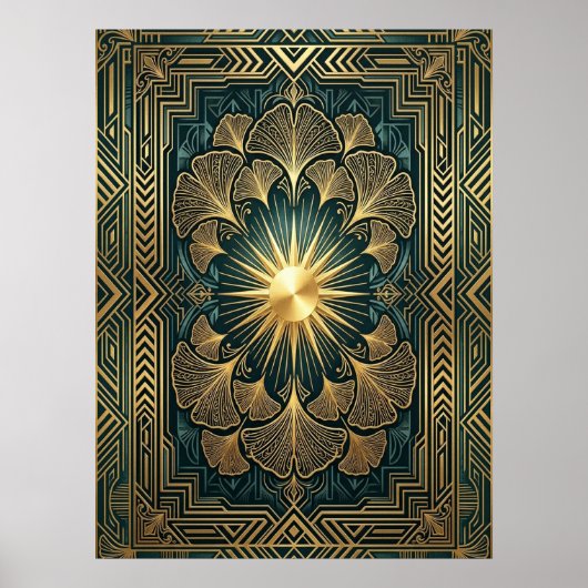 Art Deco Ginkgo Leaf Sunburst Poster | Gold Teal  (Devant)