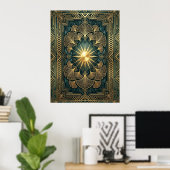 Art Deco Ginkgo Leaf Sunburst Poster | Gold Teal  (Bureau à domicile)
