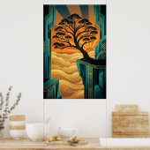 Art Deco Ginkgo Tree Ocean Cliff Gold Teal Poster (Cuisine)