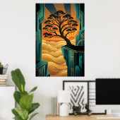 Art Deco Ginkgo Tree Ocean Cliff Gold Teal Poster (Bureau à domicile)