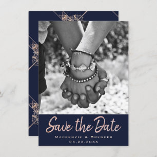 Art Deco Glamor Navy Blue Roos Gold Blush Foto Save The Date