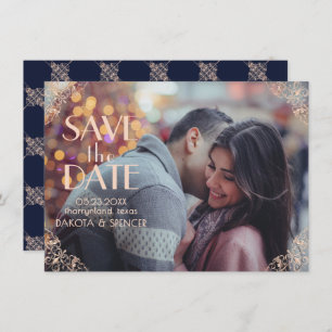 Art Deco Glamor   Navy Blue Roos Gold Ornamental Save The Date
