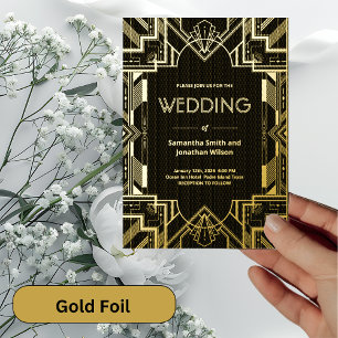 Art Deco Glamoureuze Gouden Huwelijksfolie op Zwar Folie Uitnodiging