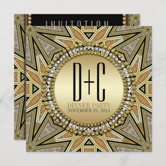 Art Deco Glitterende Gouden Uitnodigingen voor Eet (Voorkant / Achterkant)