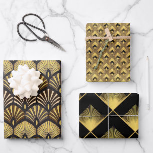 Art Deco Gold Black Geometric Luxury Patroon Inpakpapier Vel
