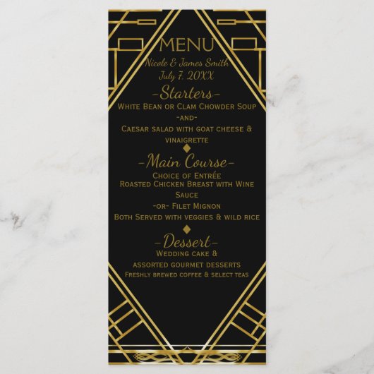 Art Deco Gold & Black Glamour Wedding Menu Kaart (Voorkant)