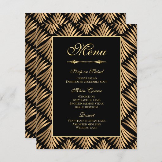 Art Déco Gold Black Great Gatsby Menu Mariage (Devant / Derrière)