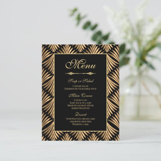 Art Déco Gold Black Great Gatsby Menu Mariage (Debout devant)