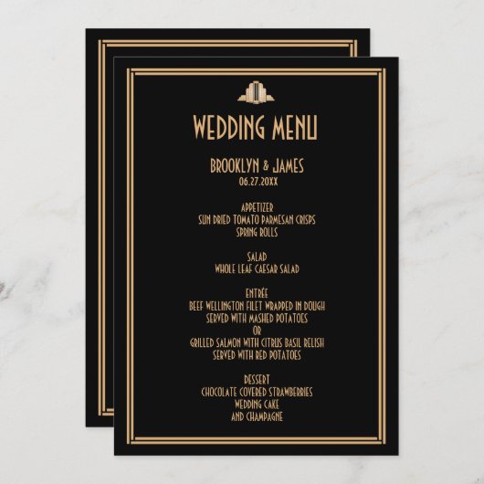 Art Déco Gold Black Great Gatsby Menu Mariage (Devant / Derrière)