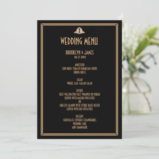 Art Déco Gold Black Great Gatsby Menu Mariage (Debout devant)