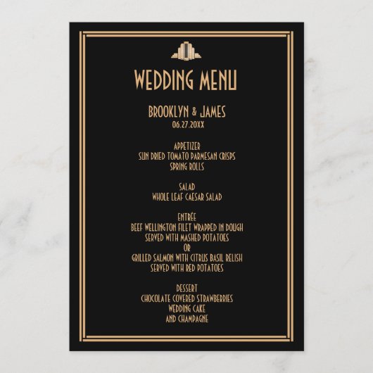 Art Déco Gold Black Great Gatsby Menu Mariage (Devant)