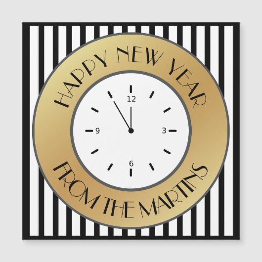Art Deco Gold Clock en Stripes Happy Nieuwjaar (Voorkant)