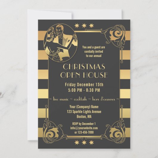 Art Deco Gold Gatsby Feestdagen Uitnodiging (Voorkant)