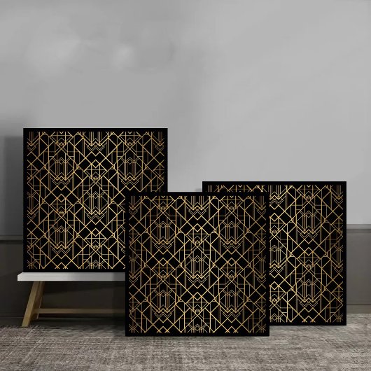 Art Deco Gold Geometric Pattern on Black Tegeltje