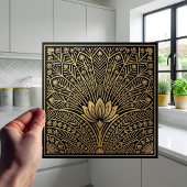Art Deco Gold Lotus Black Geometric Pattern Tegeltje