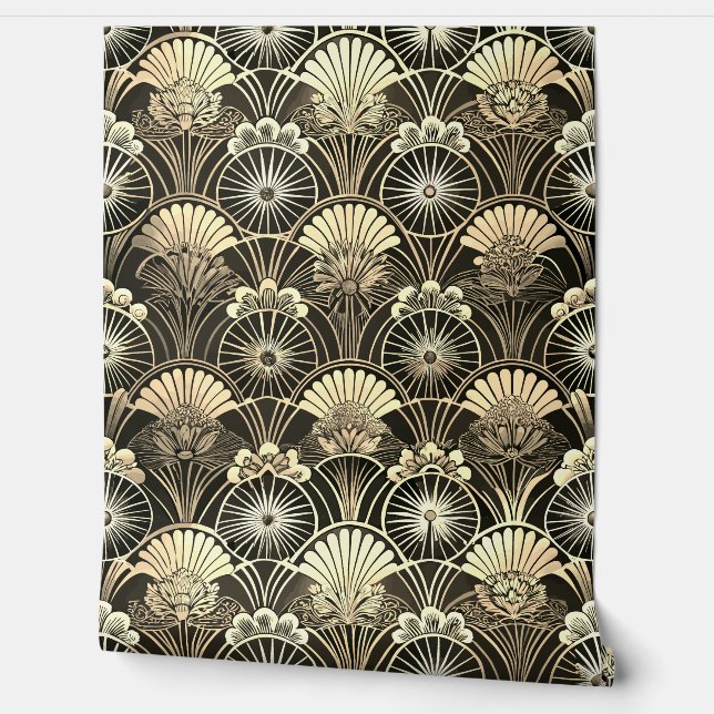Art Deco Gold Moody Floral Geometric Behang (Afrollen)