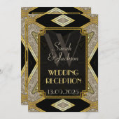Art Déco Gold Noir Mariage Réception Invitations (Devant / Derrière)