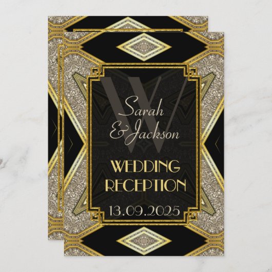 Art Déco Gold Noir Mariage Réception Invitations (Devant / Derrière)