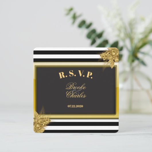 Art Déco Gold Roses & Stripes Mariage Cartes RSVP (Debout devant)
