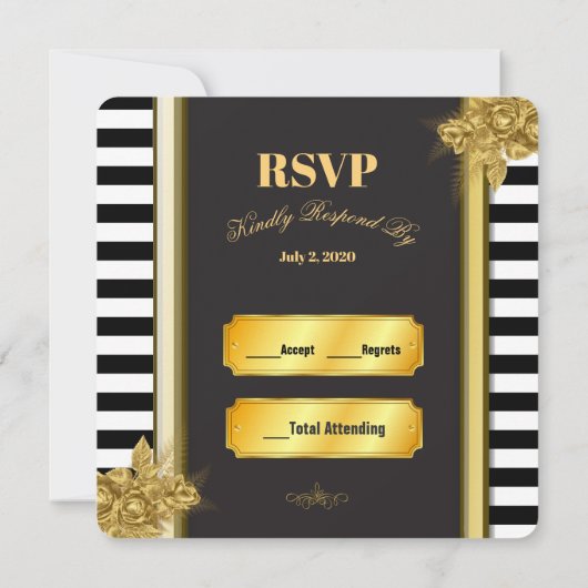 Art Déco Gold Roses & Stripes Mariage Cartes RSVP (Dos)
