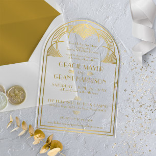  Art Deco Gold Unieke Retro Boog Huwelijk Acryl Uitnodigingen
