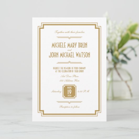 Art Deco Gold White Backtext Weddenschap Kaart (Staand voorkant)