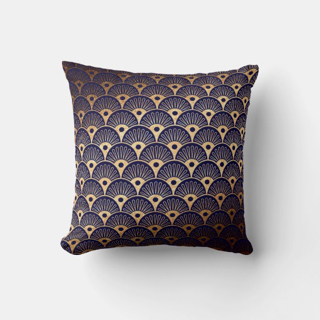 Art Déco Golden Blu Navy Seashells Coussin (Recto)