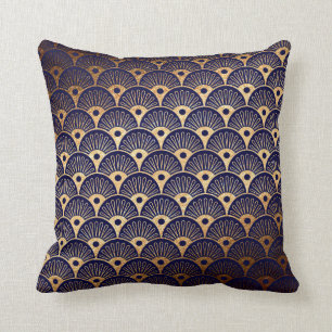 Art Déco Golden Blu Navy Seashells Coussin
