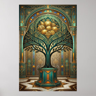 Art Deco Golden Harvest Fruit Tree Goud Teal Poste Poster