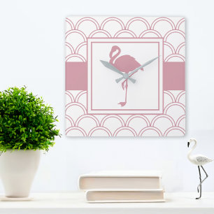 Art Deco golfpatroon roze flamingo Vierkante Klok