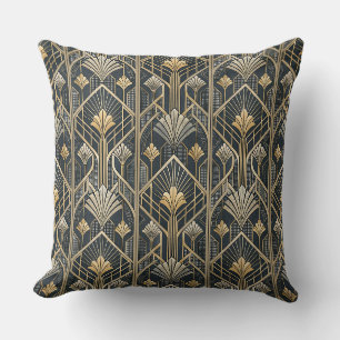 Art Deco Goud & Houtskoolzwart Geometrisch Patroon Kussen